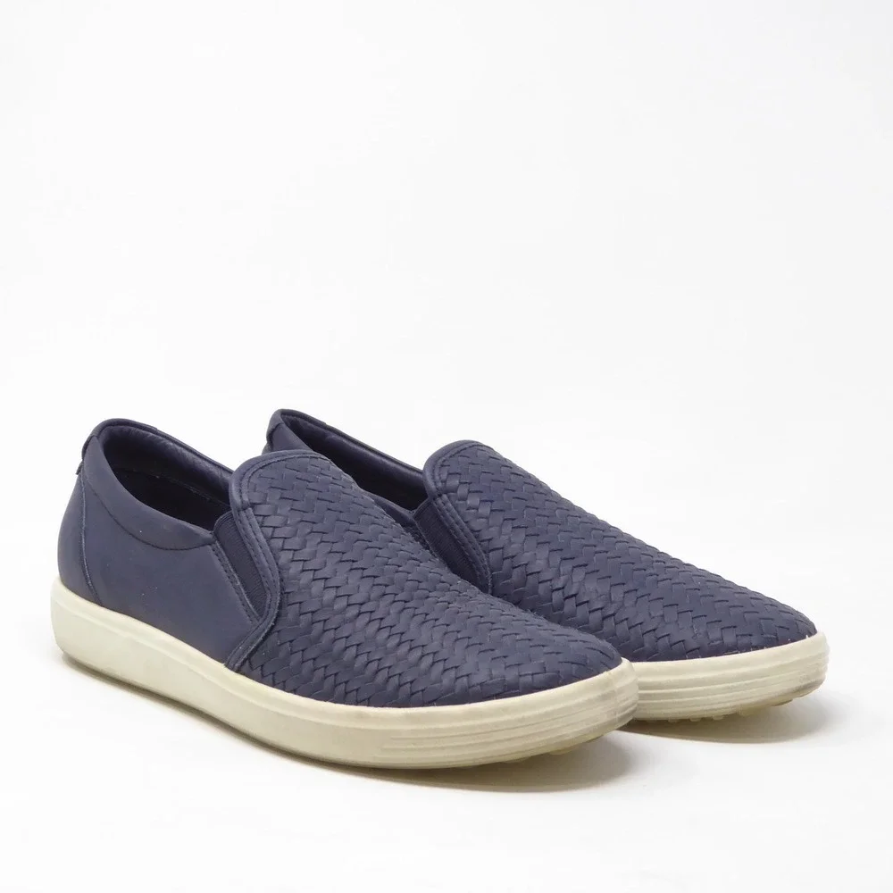 ECCO Womens Soft 7 Slip On Shoes Blue Woven Leather Sneakers 39 / 8-8.5